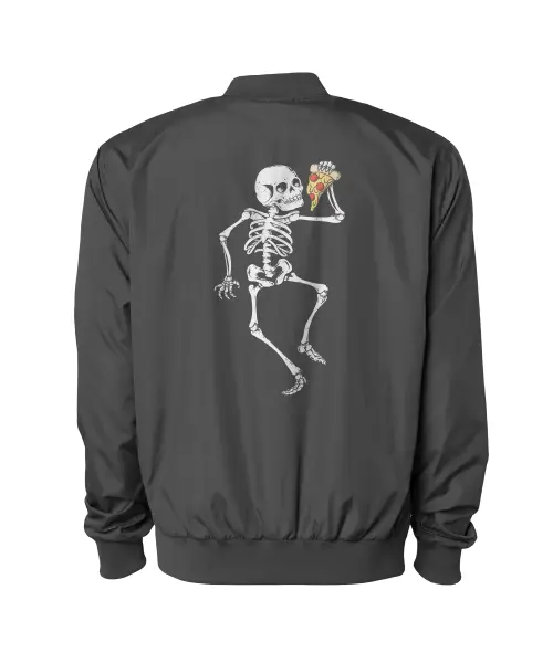 A Skeleton Enjoying A Slice Of Pizza Bomber Jacket VTM0599